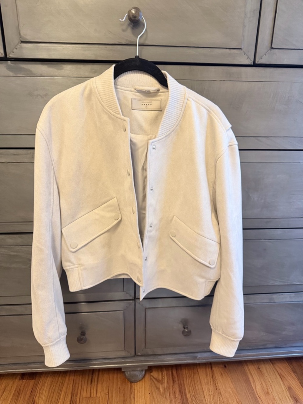 Blank NYC Cream Cropped Faux Suede Varsity Jacket